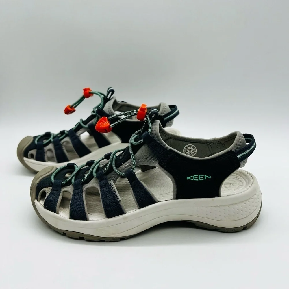 KEEN Women’s Stylish Blue and Gray Waterproof Sandals with Orange Accents Size 7